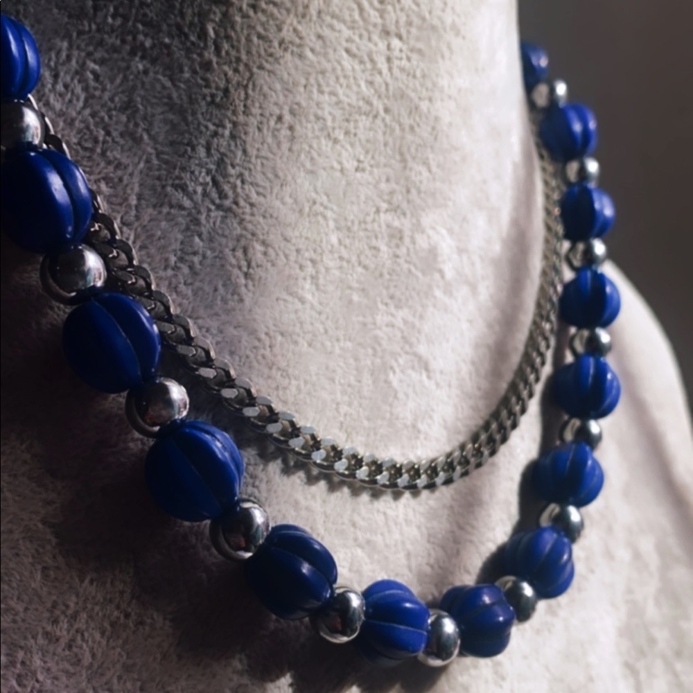 Unisex blue faux beads necklace with accent hematite beads 46.5 cm